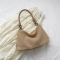 Beige gewebte Hobo-Tasche mit stilvollen braunen Knotengriffen und silbernem Reißverschluss - Khaki