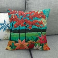 Makro-Detail des Wald-Ölgemäldes auf dickem Leinen-Zierkissenbezug im Naturdesign - 45x45cm / Feuriger Ahornwald Blumenfeld (11)