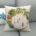 Funda de cojín de lino con estampado de corona de suculentas y cristales en beige - 45cmx45cm / Guirnalda de Suculentas en Semicírculo (4)