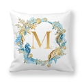 Macro shot of sea-themed wreath print and golden letter M on soft peach skin cushion cover - 18x18 Inch / Letter M (Style 13)