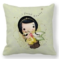 Detailed close-up of cartoon fairy princess print on peach skin pillowcase with vine pattern - 18x18 Inch / Green Wing Fairy With Cat (9)