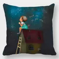 Detail of printed peach skin cushion cover featuring hand-drawn girl and cat under starry sky - 18x18 Inch / Looking At Starry Sky (12)