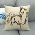 Artistic square cushion cover with embroidered gold horse on beige linen fabric - 18x18 Inch / Gold Foil Artistic Horse Style (5)
