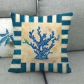 Detailed view of ocean style cushion cover with blue coral print and striped border - Blue Coral Striped Style (3)