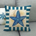 Detailed texture of square pillowcase featuring navy starfish and blue striped borders - Blue Starfish Striped Style (4)
