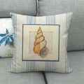 Detailed view of sea shell print and blue stripes on rustic cotton linen pillow cover - 18x18 Inch / Colorful Conch Striped Style (6)