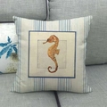 Close-up of a minimalist seashell pillow cover with a seahorse on a grey fabric sofa - 18x18 Inch / Colorful Seahorse Geometric Style (8)