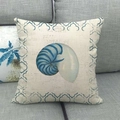 Close-up of nautical shell pattern on linen pillowcase with blue geometric border - 18x18 Inch / Nautilus Geometric Grid Style (10)