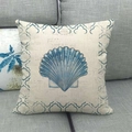 Minimalist square throw pillow with blue seashell print and vintage French script - 18x18 Inch / Blue Scallop Vintage Style (11)