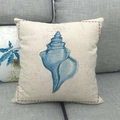 Minimalist square throw pillow case featuring blue seashell print and vintage script - 18x18 Inch / Blue Conch Design Style (13)
