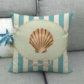 Detail of blue striped cushion cover featuring a beige seashell print on linen fabric - 18x18 Inch / Light Coffee Scallop Rope Frame Style (17)