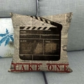 Vintage movie clapperboard pattern square pillow case on a grey fabric sofa - Movie Intro Clapper (17)