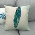 Detailed close-up of teal feather pattern on linen textured decorative pillowcase - 45x45cm / Single Teal Gradient Feather (7)