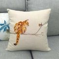 Close-up of cat and bird watercolor illustration on linen texture pillowcase on sofa - Orange Cat and Bird Style(8)