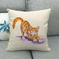Detail of linen pillowcase featuring a watercolor orange tabby cat on a gray sofa - Stretching Orange Cat Style(10)