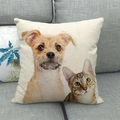 Close-up of linen pillowcase featuring a high-definition pet cat and dog painting on a sofa - Yellow Dog and Tabby Cat