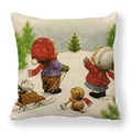 Detail of vintage Christmas linen pillowcase featuring children and pets in snowy scene - 18x18 Inch / Winter Kids And Sleigh Animals Style