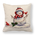 Detail of linen Christmas snowman pillow cover featuring cute red birds and winter berries - 18x18 Inch / Hat Snowman and Red Birds Style
