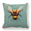 Close-up of a square light blue linen pillowcase featuring a cute honey bee hand-drawn illustration - Bumblebee Style 4 (4) / 45x45cm