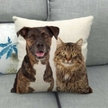 Housse de coussin décorative en lin avec peinture réaliste de chien et chat sur canapé - Chien Brindé et Chat Marron
