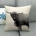 Linen cushion cover featuring black and white highland cow print on gray sofa - 18x18 Inch / Highland Cow Art Photo (7)