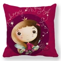 Cartoon princess pillowcase in deep pink peach skin fabric featuring happy thought art - 18x18 Inch / Crowned Polka Dot Dress Girl (8)