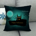 Halloween Kissenbezug aus Leinen mit Schloss, Fledermäusen und Happy Halloween Text - Schloss Vollmond Fledermaus(6)
