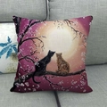 Linen cushion cover featuring cats under a full moon with cherry blossoms on a sofa - Two Cats on Cherry Branch Watching Moon (2) / 18x18 Inch