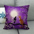 Linen pillowcase featuring cherry blossoms, a moon, and a cat on a gray sofa - Orange Cat and Black Bird with Cherry Moon (3) / 18x18 Inch