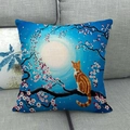 Macro view of linen cushion cover showing detailed cherry blossom and cat under the moon - Orange Cat Looking at Blue Night Moon (4) / 18x18 Inch