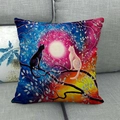 Artistic cat and full moon print on textured linen pillowcase placed on a grey sofa - Black and White Cats Sitting under Moon (5) / 18x18 Inch
