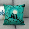 Detailed texture of linen pillowcase featuring three black cats sitting under the full moon - Green Tone Three Cats Looking Up (9) / 18x18 Inch