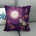 Close-up of linen pillow cover featuring Siamese cat and cherry blossom moonlit design - Siamese Cat in Purple Night Sky (10) / 18x18 Inch