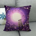 Detailed texture of linen cat pillowcase featuring artistic cherry blossom and moon oil painting - Oil Painting Style Two Cats in Purple (12) / 18x18 Inch