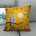 Close-up of linen pillowcase with cats on flower branches and golden moon art - Two Cats with Golden Moon Background (13) / 18x18 Inch