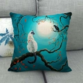 Artistic cat and crow illustration on a linen pillow case displayed on a sofa - Black Bird and Siamese Cat Moon Night (14) / 18x18 Inch