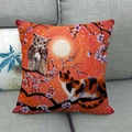 Close-up of linen pillow cover featuring a cute cat and owl under a warm moonlit scene - Owl and Calico Cat (17) / 18x18 Inch