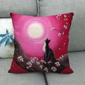 Detailed texture of linen pillow cover showing hand-painted cat and cherry blossoms - Black and White Cat Looking at Pink Moon (19) / 18x18 Inch