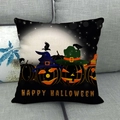 Halloween linen pillowcase with pumpkin and raven design on a cozy gray sofa - Witch Hat Pumpkin Crow