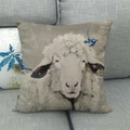 Linen texture pillow cover featuring artistic sheep and blue kingfisher bird design - 18x18 Inch / Sheep and Bird (9)