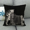 Square black decorative pillow cover featuring a vintage camera and tabby kitten print - Cat and Vintage Camera (11)