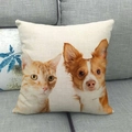 Housse de coussin en lin avec motif chat et chien posée sur un canapé gris - Chat Orange et Chien à Poils Longs