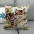 Detailed texture of linen cushion featuring a hand-painted tabby cat sleeping on cherry blossoms - Dreamy Cherry Blossom Tabby Kitten (9)