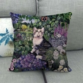 Detail of linen pillow cover showing a realistic cat watching butterflies among flowers - Garden Flowers Watching Butterfly Cat Style (11)