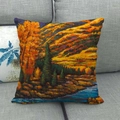 Artistic oil painting landscape printed on textured linen square throw pillow cover - 45x45cm / Autumn Forest Stream Style (5)