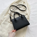 Minimalist black crocodile pattern square crossbody bag with round handles on white blazer - Black