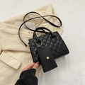 Black quilted crossbody bag with matching coin purse and adjustable shoulder strap - Black