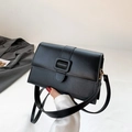 Minimalist black patent leather crossbody bag with flap and square decorative buckle - Black