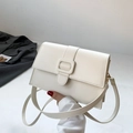 Minimalist beige square flap bag for women featuring a large decorative leather buckle - White