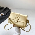 Minimalist gold metallic faux leather crossbody bag with square buckle and strap - Gold